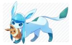  :o alopias blue_eyes blush carrying commentary_request eevee glaceon mouth_hold no_humans pokemon pokemon_(creature) standing striped striped_background toes 
