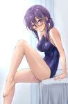  1girl bare_arms bare_legs bare_shoulders barefoot blue_swimsuit blush breasts competition_school_swimsuit covered_nipples glasses hair_between_eyes highres indoors kotatsu_(kotatsu358) large_breasts leg_up looking_at_viewer on_bed one-piece_swimsuit original purple_eyes purple_hair school_swimsuit semi-rimless_eyewear side_ponytail sitting smile solo swimsuit 