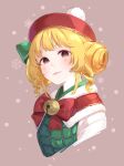  1girl :3 bell blonde_hair blush bow brown_background brown_eyes capelet chitetan closed_mouth commentary_request cropped_torso d.va_(overwatch) double_bun dress facial_mark fur-trimmed_capelet fur_trim green_dress hat jingle_bell looking_at_viewer overwatch red_bow red_capelet red_headwear shirt sleeveless sleeveless_dress snowflakes solo star_(symbol) upper_body white_shirt 