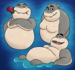  2021 anthro belly dreamworks eyes_closed fish flower flower_in_mouth grey_body hi_res male marine moobs mr._shark_(the_bad_guys) one_eye_closed overweight overweight_male plant rosco_chubz shark solo the_bad_guys wink 