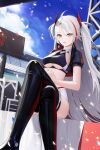  1girl absurdres azur_lane bangs blue_sky boots breasts cloud crossed_legs grey_eyes grey_hair highres jacket jacket_on_shoulders latex long_hair looking_at_viewer prinz_eugen_(azur_lane) race_queen sitting sky smile solo sunlight thigh_boots thighhighs underboob yellow_eyes yu_(want_rou_nai_zi) 