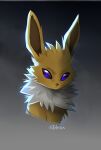  :&lt; absurdres animal_focus artist_name blank_eyes closed_mouth commentary english_commentary fur_collar gradient gradient_background grey_background highres jolteon looking_at_viewer no_humans pokemon pokemon_(creature) purple_eyes signature simple_background skeleion sketch solo upper_body 