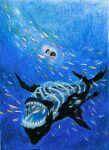  1boy black_hair carcass death fish highres nihiru0513 original ribs shark sharp_teeth solo teeth traditional_media underwater wide_shot 