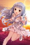 1girl absurdres alternative_girls armor clenched_hand dress eyebrows_visible_through_hair fishnet_legwear fishnets highres hiiragi_tsumugi long_hair looking_at_viewer ocean official_art open_hand open_mouth pauldrons shoulder_armor silver_hair smile solo sun sunlight sunset white_dress white_footwear 