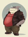  2021 anthro belly bottomwear clothing dreamworks fish hi_res leemonz_620 male marine mr._shark_(the_bad_guys) overweight overweight_male pants shark shirt simple_background solo text the_bad_guys topwear 