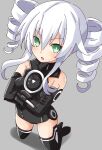 1girl :o bare_shoulders black_gloves black_legwear black_leotard black_sister blush boots breasts choujigen_game_neptune_mk2 crossed_arms drill_hair elbow_gloves full_body gloves green_eyes high_heel_boots high_heels highres iwashi_dorobou_-r- kneeling leotard long_hair neptune_(series) power_symbol silver_hair simple_background small_breasts solo symbol-shaped_pupils thigh_boots thighhighs twin_drills 