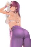  1girl ass blush bra breasts damda fate/grand_order fate_(series) from_below hair_intakes large_breasts long_hair looking_at_viewer pants parted_lips purple_eyes purple_hair purple_pants scathach_(fate) sideboob sidelocks simple_background solo sports_bra sweat towel underwear white_background white_bra wristband 