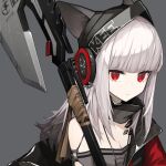  1girl animal_ears arknights bangs banned_artist black_headwear blunt_bangs breasts cleavage closed_mouth commentary detached_collar earphones ears_through_headwear expressionless fox_ears frostleaf_(arknights) grey_background grey_shirt halberd hat holding holding_weapon jacket long_hair looking_at_viewer mikoto_(oi_plus) off_shoulder open_clothes open_jacket oripathy_lesion_(arknights) pale_skin polearm portrait red_eyes red_jacket shirt silver_hair simple_background small_breasts solo weapon 