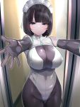  1girl absurdres bangs bare_shoulders black_hair blue_eyes blunt_bangs blush bodysuit breasts covered_navel detached_sleeves gloves grey_bodysuit grey_gloves highres large_breasts looking_at_viewer maid_headdress mitsudoue mole mole_under_eye original outstretched_arms short_hair solo 