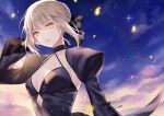  1girl artoria_pendragon_(fate) bangs black_dress black_ribbon blonde_hair braid breasts dress fate/stay_night fate_(series) french_braid hair_bun hair_ribbon juliet_sleeves long_hair long_sleeves looking_at_viewer medium_breasts meltymaple puffy_sleeves ribbon saber_alter sidelocks solo yellow_eyes 