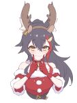  1girl alternate_costume animal_ears bare_shoulders bell belt black_belt black_hair blush breasts choker commentary cropped_torso dress eihire eyebrows_visible_through_hair eyelashes fake_antlers fingers_to_cheeks fur-trimmed_dress fur_trim gloves grin hair_between_eyes hair_ornament highres hololive index_finger_raised long_hair looking_at_viewer medium_breasts multicolored_hair neck_bell off-shoulder_dress off_shoulder ookami_mio pom_pom_(clothes) ponytail red_choker red_dress red_gloves red_hair santa_costume santa_dress simple_background smile solo streaked_hair teeth two-tone_hair upper_body virtual_youtuber white_background wolf_ears yellow_eyes 
