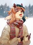  ambiguous_gender anthro antlers better_version_at_source cervid clothing ear_piercing ear_ring eerieeyes happy hi_res horn lyn_(lazysnout) mammal mutlicolored_hair outside piercing portrait scarf snow snowflake solo sweater tongue tongue_out topwear winter 