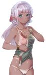  1girl bangs bare_arms bare_legs bare_shoulders blue_eyes blush bow_(bhp) bracelet braid breasts cameltoe cowboy_shot dark-skinned_female dark_elf dark_skin elf eyebrows_visible_through_hair groin jewelry long_hair looking_at_viewer navel nipples no_bra one_breast_out original panties pointy_ears side_braid simple_background sleeveless small_breasts solo string_panties tan tanlines underwear white_background white_panties 