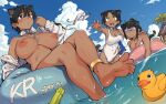  3girls animal_ears anklet barefoot bikini black_hair blue_sky blush breasts cleavage cloud collar covered_navel dark-skinned_female dark_skin earrings feet goggles holding holding_water_gun innertube jacket jewelry kr_ohoshisama long_hair multiple_girls necklace nipples ocean one-piece_swimsuit open_mouth original outdoors palm_tree ponytail purple_eyes rubber_duck short_hair sitting sky soles swimsuit tail teeth toes tongue tree water_gun white_swimsuit yellow_eyes 