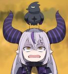  1girl bow_(bhp) braid crow_(la+_darknesss) d: hololive horns jitome la+_darknesss long_hair looking_at_viewer multicolored_hair open_mouth photo-referenced pointy_ears poop purple_hair streaked_hair turn_pale virtual_youtuber wide-eyed yellow_eyes 