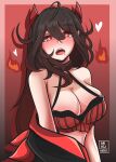  1girl absurdres artist_name black_hair black_jacket blush bra breasts cleavage clothing_request commentary copyright_request ears_visible_through_hair english_commentary eyebrows_visible_through_hair fire heart heart-shaped_pupils highres horns jacket large_breasts long_hair looking_at_viewer mikunekii open_mouth personification pink_background red_background red_bra red_eyes red_horns red_jacket saliva signature simple_background solo symbol-shaped_pupils teeth tongue underwear 