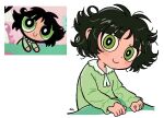  1girl bangs black_hair bright_pupils buttercup_(ppg) buttercup_redraw_challenge closed_mouth green_eyes green_pajamas long_sleeves looking_at_viewer messy_hair powerpuff_girls reference_inset short_hair signature simple_background smile solo white_background white_pupils yoineko 