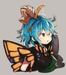  1girl andanon antennae aqua_hair brown_eyes butterfly_wings dress eternity_larva eyebrows_visible_through_hair fairy green_dress grey_background hair_between_eyes hands highres leaf leaf_on_head multicolored_clothes multicolored_dress open_mouth short_hair simple_background single_strap solo touhou wings 