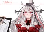  1girl arknights ascot bare_shoulders black_ascot breasts cleavage clipboard detached_sleeves dress headgear height_mark long_hair looking_up medium_breasts pen red_dress red_eyes ryoma_(rym_369) silver_hair skadi_(arknights) skadi_the_corrupting_heart_(arknights) solo_focus stadiometer upper_body very_long_hair writing 