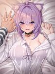  1girl ahoge animal_ears bisuke_(isbsk_ekaki) blush breasts cat_ears fang fingernails highres holding_hands hololive large_breasts lying nekomata_okayu on_back on_bed purple_eyes purple_hair shirt virtual_youtuber white_shirt 