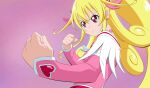  1girl aida_mana blonde_hair closed_mouth cure_heart detached_sleeves dokidoki!_precure fighting_stance fuchi_(nightmare) gradient gradient_background high_ponytail highres long_hair magical_girl pink_background pink_eyes pink_shirt pink_sleeves precure shirt solo upper_body 