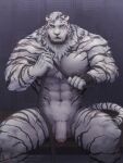  1boy abs animal_ears arknights bara body_fur bulge chizo_(chizo67) completely_nude feet_out_of_frame furry furry_male large_pectorals locker locker_room looking_at_viewer male_focus mountain_(arknights) muscular muscular_male navel nipples nude pectorals penis scar scar_across_eye scar_on_face short_hair sitting solo stomach thick_thighs thighs tiger_boy tiger_ears uncensored white_fur 