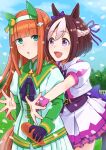  2girls :d :o animal_ears artist_name bangs black_gloves blunt_bangs blunt_ends blush braid brown_hair collared_dress commentary_request dress ear_ribbon fence french_braid gloves grass green_eyes happy highres holding_carrot horse_girl horse_tail kokko long_hair long_sleeves looking_at_viewer multicolored_hair multiple_girls open_mouth orange_hair puffy_short_sleeves puffy_sleeves purple_eyes purple_ribbon ribbon shiny shiny_hair short_hair short_sleeves sidelocks silence_suzuka_(umamusume) smile special_week_(umamusume) tail tongue two-tone_hair umamusume white_dress white_hair wing_collar wrist_cuffs 