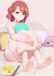  absurdres bangs barefoot blunt_bangs braid braided_bun feet hair_ornament hairpin half_updo highres kuroshiro_no_tsubasa love_live! love_live!_nijigasaki_high_school_idol_club medium_hair on_bed orange_hair pajamas pillow pink_hair side_bun soles swept_bangs toes uehara_ayumu yellow_eyes 