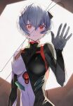  1girl against_fourth_wall arm_at_side ayanami_rei bangs black_bodysuit blue_hair bodysuit broken_glass crack frown fuyuhi_tsukika glass hand_up highres interface_headset looking_at_viewer neon_genesis_evangelion pilot_suit plugsuit red_eyes revealing_layer short_hair solo upper_body white_bodysuit 