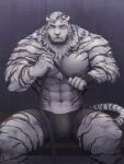  1boy abs alternate_facial_hair animal_ears arknights bara beard black_male_underwear body_fur boxers bulge chizo_(chizo67) facial_hair feet_out_of_frame furry furry_male large_pectorals locker locker_room looking_at_viewer male_focus male_underwear mountain_(arknights) muscular muscular_male navel nipples pectorals reward_available scar scar_across_eye scar_on_face short_hair sitting solo stomach thick_thighs thighs tiger_boy tiger_ears topless_male underwear underwear_only white_fur 