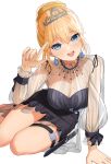  1girl absurdres bangom_r blonde_hair blue_eyes breasts dress earrings eyebrows_visible_through_hair highres hololive hololive_english holomyth jewelry large_breasts nail_polish open_mouth sheer_clothes thigh_strap thighs tiara virtual_youtuber watson_amelia white_background 