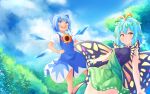  2girls antennae aqua_hair blue_bow blue_dress blue_eyes blue_hair blush bow butterfly_wings cirno closed_mouth collared_shirt day dress eternity_larva eyebrows_visible_through_hair fairy flower green_dress hair_between_eyes hair_bow ice ice_wings leaf leaf_on_head multicolored_clothes multicolored_dress multiple_girls nagomian open_mouth orange_eyes puffy_short_sleeves puffy_sleeves round_teeth shirt short_hair short_sleeves single_strap smile sunflower tanned_cirno teeth touhou upper_teeth white_shirt wings 