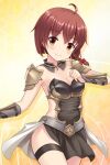  1girl ahoge alternative_girls armlet armor breastplate breasts brown_hair cleavage closed_mouth eyebrows_visible_through_hair garters highres looking_at_viewer official_art short_hair shoulder_pads skirt smile solo yellow_background yuuki_miyaka 