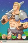  1boy abs armor bar_censor bara blonde_hair breastplate censored cerberus_arts character_request cowboy_shot facial_hair goatee grin highres kono_yuusha_ga_ore_tueee_kuse_ni_shinchou_sugiru large_pectorals male_focus mature_male midriff_sarashi muscular muscular_male mustache navel nipples over_shoulder pauldrons pectoral_cleavage pectorals reward_available sample sarashi short_hair shoulder_armor sideburns smile solo stomach sword sword_over_shoulder underpec weapon weapon_over_shoulder wrinkled_skin 