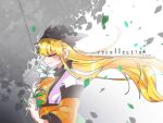  1girl blonde_hair blush closed_eyes english_text falling_leaves flower hat holding holding_flower leaf lily_(flower) long_hair matara_okina smile solo tabard touhou upper_body very_long_hair wakame_495 white_lily wide_sleeves 