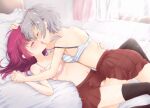  2girls assertive_female bra chiwa_(chiwawanwan1206) closed_eyes couple french_kiss grey_hair kiss leg_between_thighs magia_record:_mahou_shoujo_madoka_magica_gaiden mahou_shoujo_madoka_magica multiple_girls navel on_bed pillow red_hair sankyouin_academy_uniform shinobu_akira_(magia_record) skirt tokiwa_nanaka underwear yuri 