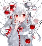  1girl apple bangs crystal_apple crystal_earrings earrings eyebrows_visible_through_hair flower food fruit grey_hair hair_flower hair_ornament jewelry juliet_sleeves long_hair long_sleeves looking_at_viewer open_mouth original puffy_sleeves red_apple red_eyes red_nails rose sakizaki_saki-p simple_background solo upper_body white_background white_flower white_rose wide_sleeves 