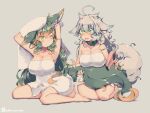  2girls animal_ear_fluff animal_ears barefoot blue_hair breasts cleavage closed_mouth collar commentary_request eyebrows_visible_through_hair green_collar green_eyes green_hair grey_background hair_between_eyes holding holding_towel kuromiya kuromiya_raika large_breasts long_hair looking_at_another multicolored_hair multiple_girls naked_towel one_eye_closed open_mouth orange_hair original shiromiya_asuka short_hair simple_background sitting smile tail towel twitter_username two-tone_hair wariza white_hair 