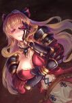  1girl armor bangs belt blonde_hair bow breasts cleavage crazy_eyes crazy_smile crossed_arms detached_collar dress eyebrows_visible_through_hair gauntlets gem granblue_fantasy granblue_fantasy_versus hair_between_eyes hair_bow hand_on_own_face highres large_breasts long_hair looking_at_viewer ponytail red_dress red_eyes shoulder_armor shouma_(bravespiritya) simple_background vira_(granblue_fantasy) 