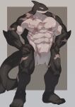  1boy abs absurdres bara completely_nude full_body furry furry_male hands_on_hips highres large_pectorals looking_to_the_side male_focus muri_(43848994) muscular muscular_male navel no_eyes no_genitals no_nipples nude orca orca_boy original pectorals scales scar scar_on_arm scar_on_chest scar_on_leg solo standing stomach thick_thighs thighs 