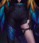  1girl asymmetrical_clothes asymmetrical_legwear belt black_background black_gloves black_pants blue_belt blue_feathers blue_nails gloves hand_on_hip hand_on_lap highres long_sleeves nail_polish original pants regition single_pantsleg skindentation solo thigh_strap yellow_feathers 