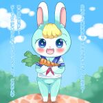  1:1 absurd_res animal_crossing blonde_hair blue_body blue_eyes blue_fur blush bottomless carrot clothed clothing cloud food fur fushiana_ai hair hi_res japanese_text lagomorph looking_at_viewer male mammal nintendo open_mouth plant sailor_outfit sasha_(animal_crossing) shirt text topwear tree vegetable video_games white_body white_fur 