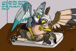  after_transformation anthro avian beak bed blocked_egg blue_eyes blush bodily_fluids bra breast_expansion breasts brown_body brown_fur clothing cross-eyed dialogue duo egg egg_from_pussy egg_insertion egg_play expansion feathers female fur furniture gender_transformation genital_fluids goldengryphon grey_body grey_feathers grey_fur gryphon hand_on_shoulder hands_on_stomach herm intersex intersex/female jay_(goldengryphon) kneeling leggings legwear looking_pleasured mind_break mtf_transformation mythological_avian mythology oviposition pawpads paws pregnant pregnant_expansion pregnant_female pussy_juice shaking shoving sierra_(goldengryphon) sound_effects sports_bra spread_legs spread_wings spreading talon_hands tan_body tan_fur teal_eyes teal_feathers teasing transformation underwear wings 