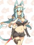  1girl animal_ear_fluff animal_ears black_shorts blue_capelet blue_hair breasts capelet cat_ears cat_tail closed_mouth commentary_request cowboy_shot gloves hairband highres holding holding_sword holding_weapon large_breasts looking_at_viewer navel orange_eyes perky_breasts pointy_breasts short_shorts shorts smile solo standing sword tail thigh_pouch vins-mousseux weapon 