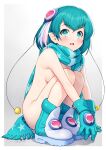  1girl absurdres aqua_eyes aqua_hair bangs blue_eyes blue_gloves blue_hair blush boots breasts commentary_request eyebrows_visible_through_hair full_body gloves hagoromo_lala highres kazuma_muramasa looking_at_viewer naked_scarf nude open_mouth precure scarf shiny shiny_hair shiny_skin short_hair small_breasts solo star-shaped_pupils star_(symbol) star_twinkle_precure symbol-shaped_pupils tail white_background 
