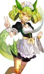  1girl 9romit apron breasts clenched_hand dragon_girl dragon_horns dragon_tail dress duel_monster feet_out_of_frame green_hair highres horns maid_apron maid_headdress medium_breasts orange_eyes parlor_dragonmaid puffy_short_sleeves puffy_sleeves short_sleeves solo tail thighhighs v waist_apron white_background wrist_cuffs yu-gi-oh! 