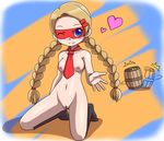  artist_request barrel bb black_kneehighs black_legwear blonde_hair blue_eyes blush braid breasts character_request hair_ornament hairclip heart hearts kneehighs kneeling large_breasts mask moving necktie nude pussy shaved_pussy smile twin_braids uncensored wink 