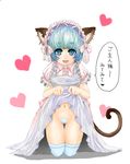  animal_ears blue_eyes blue_hair cat_ears copyright_request highres maebari rei_hisashi skirt skirt_lift solo tail thighhighs translated 