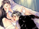  2boys absolute_obedience_(game) blush bottomless fellatio gloves goggles kia_welbehenna legs_held_open lick licking male male_focus multiple_boys open_clothes open_shirt oral penis shirt silvio_wenzel spread_legs sweatdrop uniform yaoi zettai_fukuju_meirei 