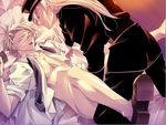  2boys absolute_obedience_(game) blonde_hair blush bottomless eyes_closed glasses gloves hat long_hair louise_hardwick male male_focus multiple_boys necktie open_clothes open_shirt shirt sweatdrop tie uniform yaoi zettai_fukuju_meirei zhores_boursoukova 